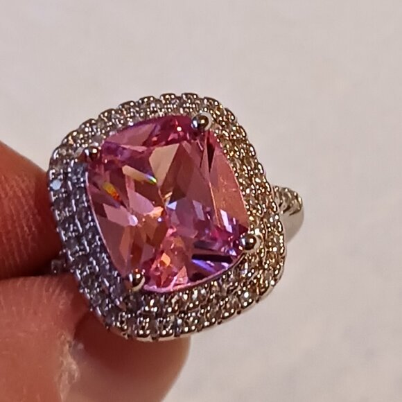 Silver Fashion Statement Halo Pink Tourmaline CZ Ring Size 8.5 NWOT - Picture 15 of 16